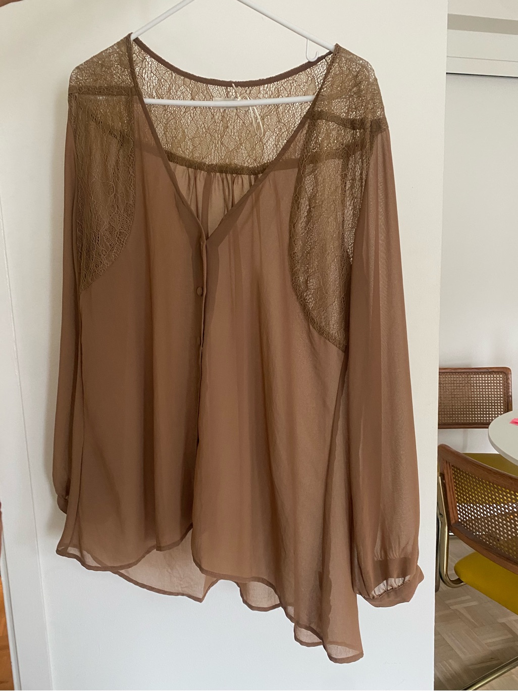 Millau Sheer Brown Lace-Trim Button-Front Sleep Blouse